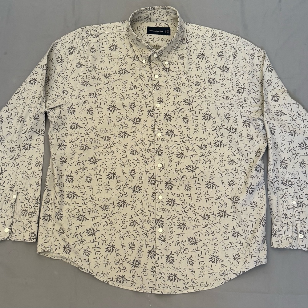 Abercrombie & Fitch Mens XXL Floral Button Down Shirt Long Sleeve‎ Grey White